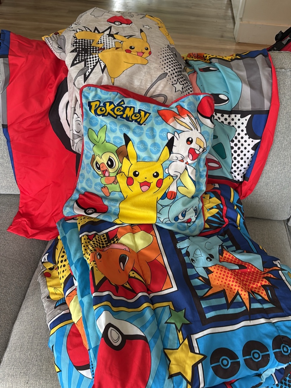 Pokemon Kids Blue Red Yellow Comforter Set with Pikachu Cushion